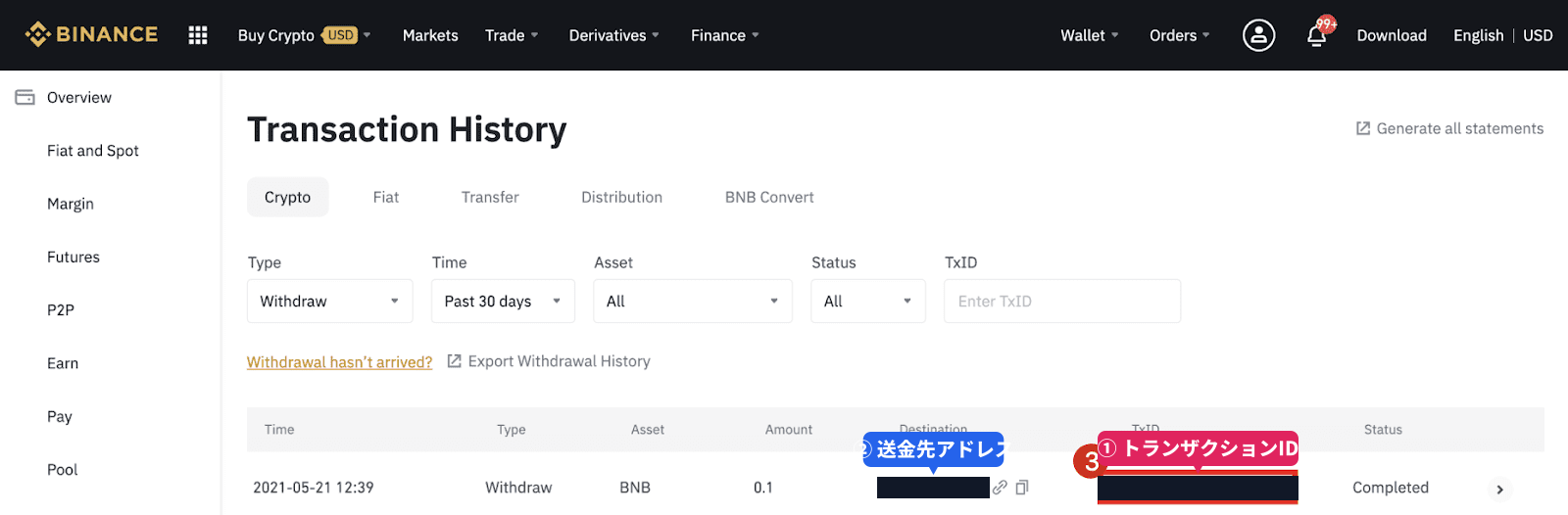 バイナンス Web版の取引履歴画面。Destination列とTxID列の位置