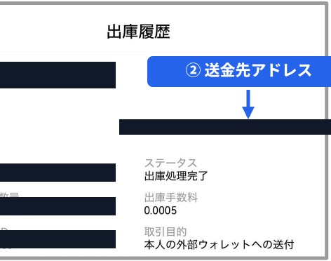 OKJの出庫履歴画面。出庫先アドレスと参照リンクの位置